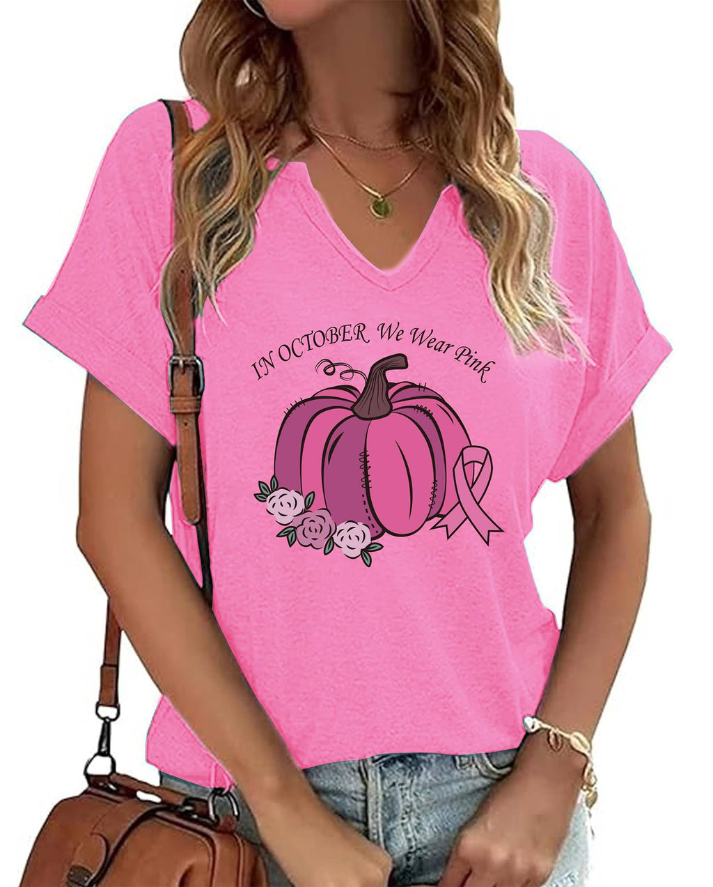 Women in October We Wear Pink Shirts Pink Breast Cancer Awareness T-Shirt Fall Halloween Pumpkins V-Neck Top